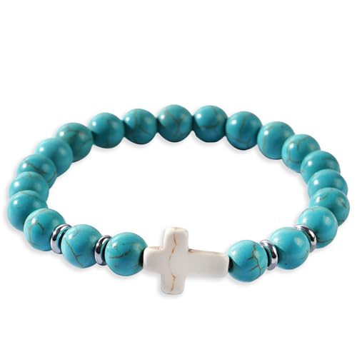 Cross Birthstone Gemstone Beaded Stretch Protection Bracelet for Man Woman, Handmade Healing Stone Chakra Beads Elastic Bracelets Accessories Fashion Jewelry Gift. - color: Turquoise Bead