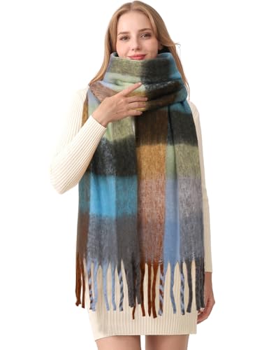 HOTIAN Women's Large Scarf Colorful Chunky Plaid Scarves Soft Winter Thick Tassel Warm Wrap Shawl - color: Light Blue Gray
