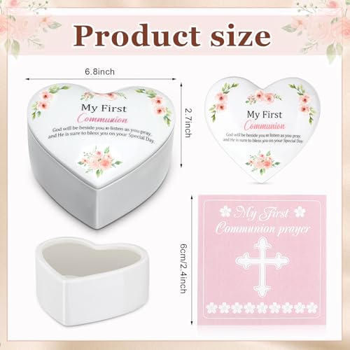 Funtery First Communion Gifts for Girls Ceramic Jewelry Keepsake Box with a Pray Card 1st Holy Communion Gifts for Girls Boys(Heart,Pink)