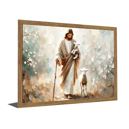 Christian Wall Art, Jesus the Good Shepherd Canvas Painting, Lost Sheep Biblical Scene, 3D Textured Sandstone Style Wood Framed Artwork for Prayer Room Bedroom 24x16 Ready to Hang - color: Jesus Finds The Lost Lamb, size: 24"L x 16"W