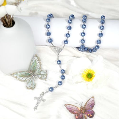 Blue Pearl-Style Rosary Necklace with Metal Gift Box, 8mm, 22 Inch - color: Blue