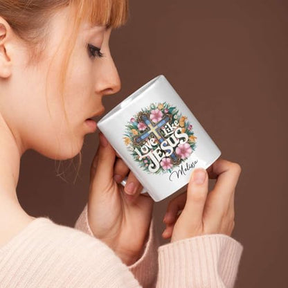 Love Like Jesus Ceramic Mug, Christian Cup With Customized Name, Inspirational Mug 11oz 15oz, Personalized Christian Faith Cup, Custom Mug Featuring Floral Cross Design, Gift For Christian - color: HOA-624-2167-LOVE LIKE JESUS MUG