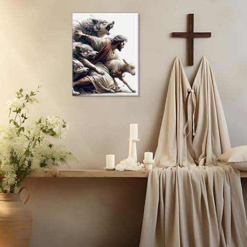 Christian Good Shepherd Wall Art Jesus Saves Lamb Canvas Print Framed - color: color-S
