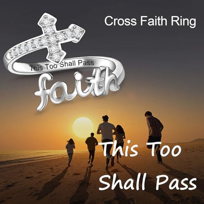 Helonley Cross Faith Ring for Women - 925 Sterling Silver Inspiration Rings - style: This Too Shall Pass