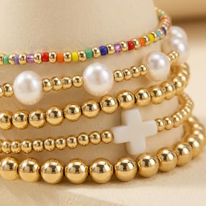 Gold Beaded Bracelets Stack for Women Stackable 14K Gold Plated Beads Ball Cross Bracelet Boho Christian Jewelry Faith Friendship Birthday Gifts for Women - color: White-2