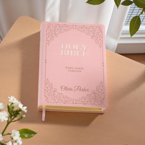 Personalized Pink KJV Bible, Custom Engraved Giant Print Holy Bible, Leathersoft, Red Letter, Thumb Index & Ribbon Marker - Add Any Text - Ideal Gift for Baptism, Confirmation, or Wedding