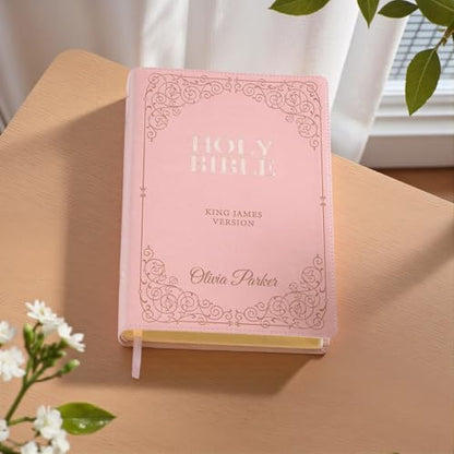 Personalized Pink KJV Bible, Custom Engraved Giant Print Holy Bible, Leathersoft, Red Letter, Thumb Index & Ribbon Marker - Add Any Text - Ideal Gift for Baptism, Confirmation, or Wedding