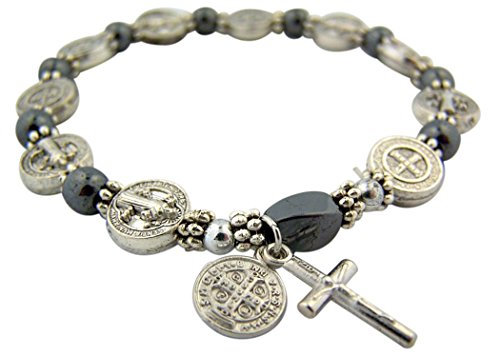 CB Silver Tone Saint Benedict Medal Hematite Bead Rosary Bracelet, 7 1/2 Inches