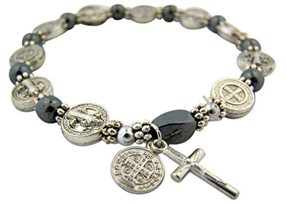 CB Silver Tone Saint Benedict Medal Hematite Bead Rosary Bracelet, 7 1/2 Inches