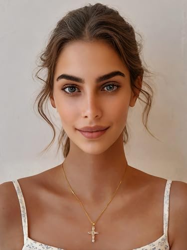 Gold Cross Necklace for Women, 14K Gold Plated - style: big white zircon