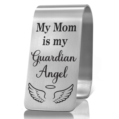 XQLZY My Mom is My Guardian Angel Engraved Stainless Steel Car Visor Clip, Travel Visor Car Accessories for Son Daughter Stepson Stepdaughter, Sweet 16 Birthday Gifts, Drive Safe Reminder Present? - color: Sliver068