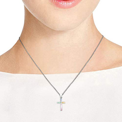AeraVida Iridescent Cross of Faith Stone and Shell .925 Sterling Silver Necklace, 18 inch