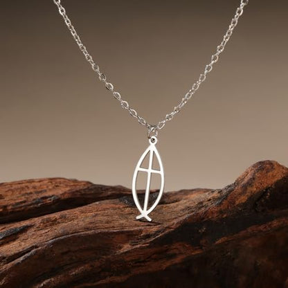 Ichthus Necklace for Women Christian Jesus Fish Necklace Christ Fish Cross Ichthys Pendant Necklace Ichthus Fish Religious Symbol Pendant Christian Jewelry Gift - color: Ichthys cross silver
