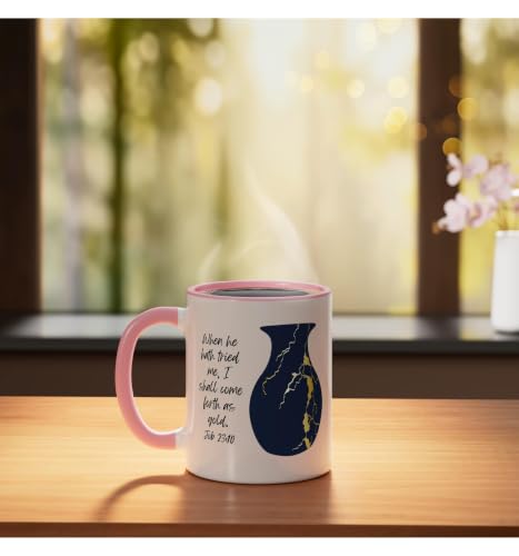 Bible Verse Jesus Christ Kintsugi Vase Gold Job Christian Ceramic Mug, Pink/White, 11oz - color: Pink/White, size: 11 Ounces