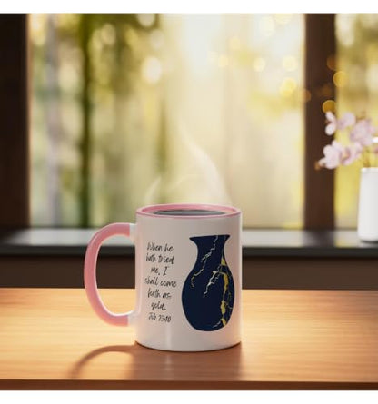 Bible Verse Jesus Christ Kintsugi Vase Gold Job Christian Ceramic Mug, Pink/White, 11oz - color: Pink/White, size: 11 Ounces