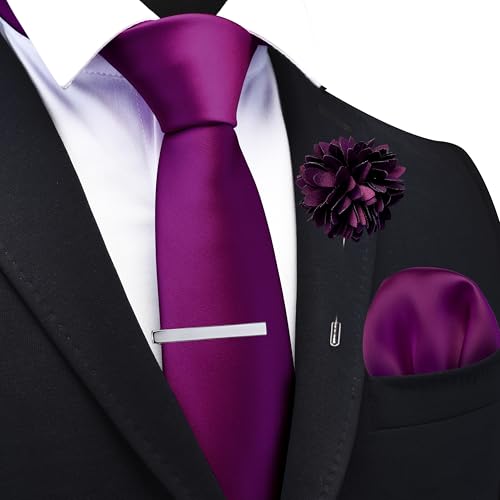 Branduce 3.15"（8cm） Mens Tie and Lapel Pin Solid Necktie Handkerchief Tie Clip Set for Men - color: Dark Purple