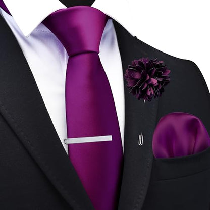 Branduce 3.15"（8cm） Mens Tie and Lapel Pin Solid Necktie Handkerchief Tie Clip Set for Men - color: Dark Purple