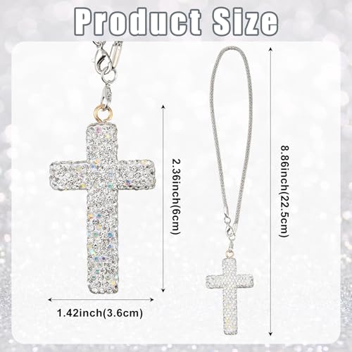JSCARLIFE Crystal Cross Rearview Mirror Charm – Handmade Clay Rhinestone Car Hanging Ornament – Christian Gift for Women Auto Decor (White) - color: White