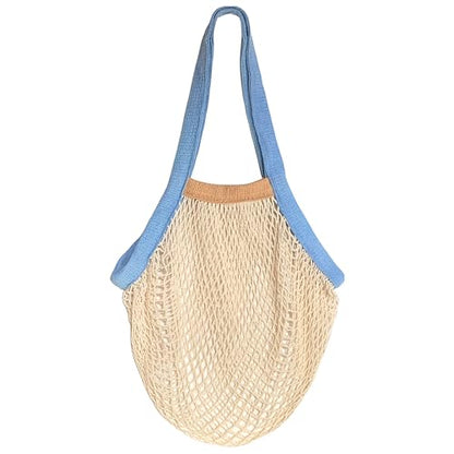 PILLOWPIA French Market Bag – Organic Cotton Tote, Handcrafted Adjustable Strap, Eco-Friendly 12-15" Farmers Market Carrier - color: French Blue/Wheat