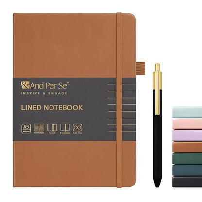 &And Per Se Lined Journal and Pen Set, A5 Leather Hardcover Notebook with Pen & Stationary Set, 160 Pages 100GSM Thick Ruled Paper Journal for Business Work Writing (Light Brown) - color: Light Brown