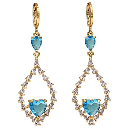18K Gold Plated, Dangle Earrings for Women, Flower/Heart Drop earrings, Hypoallergenic Cubic Zirconia Earrings, Lightweight, Party, gold earrings, Jewelry for Gifts, Fashion - style: 7508-Blue