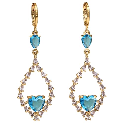 18K Gold Plated, Dangle Earrings for Women, Flower/Heart Drop earrings, Hypoallergenic Cubic Zirconia Earrings, Lightweight, Party, gold earrings, Jewelry for Gifts, Fashion - style: 7508-Blue