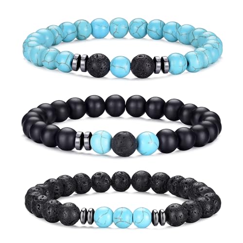 RANKEEF Tiger Eye Bracelet For Men 8MM Natural Stone Stretch Adjustable Black Crystal Beaded Bracelet for Men Women Gifts - color: 3,green,frosted,volcano bracelet