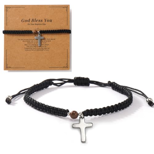 Christian Gifts for Women Men,Adjustable Religious Cross Brided String Faith Bracelet,Minimalism Catholic Baptism Accessories Jewelry Gifts Friendship - color: Black
