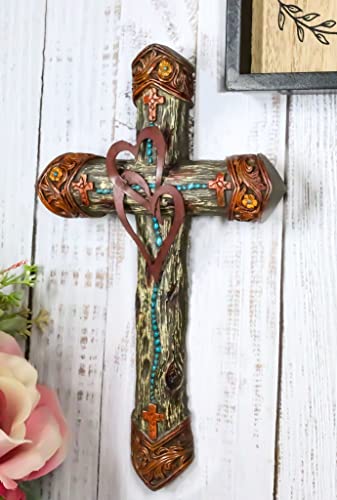Ebros Gift Rustic Western Farmhouse Tooled 2 Intertwined Hearts Valentine Floral Scrollwork Turquoise Beads Wall Cross Decor Plaque Christian Catholic Decorative Accent Crosses