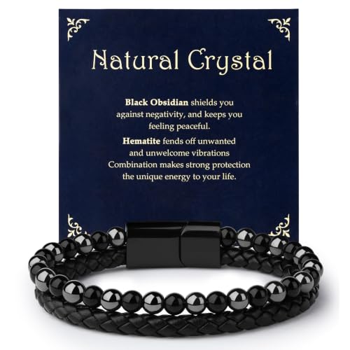 XIANNVXI Mens Tiger's Eye Beads Black Leather Bracelet Gift - color: Gray, Black