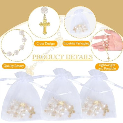 10 Set Baptism Party Favors Mini Rosary Beads Faux Pearls with Organza Bags for Christening Weddings First Communion Party Favors - style: Gold Rose