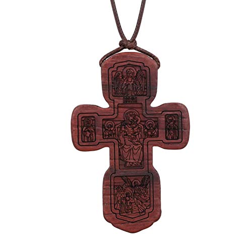 COTTVOTT Wood Orthodox Cross Pendant Necklace Christian Crucifix Necklace Prayer Jesus for Women Men - style: C-Red Color