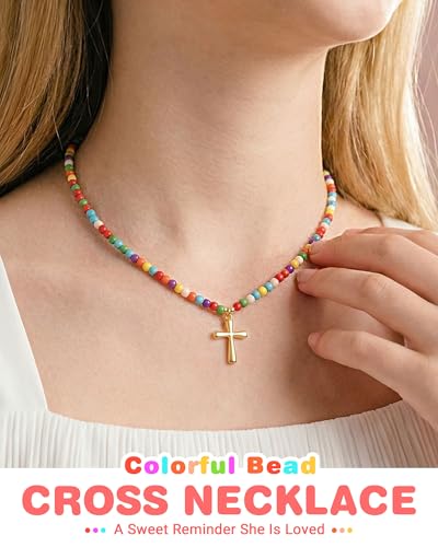 PINKDODO Colorful Bead Cross Necklace for Girls Christian Gifts with Crad