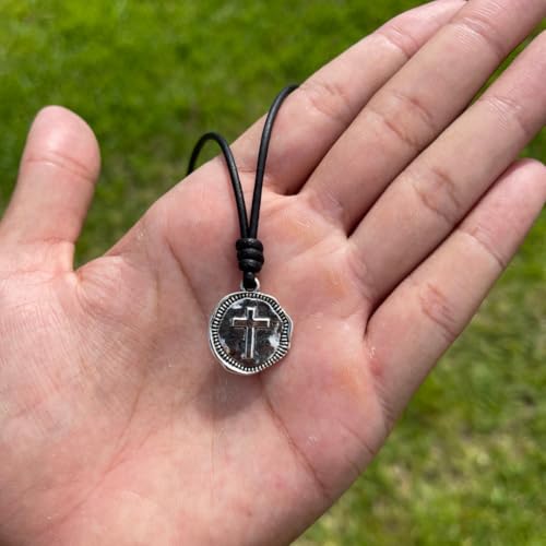 Cross Necklace Mens - Men Cross Coin, Religious Pendant, Medallion Necklaces, Christmas Gift, Catholic Pendant, Christian Charms, Women Gifts to Husband, Cute Crosses - color: Silver, style: Black Leather