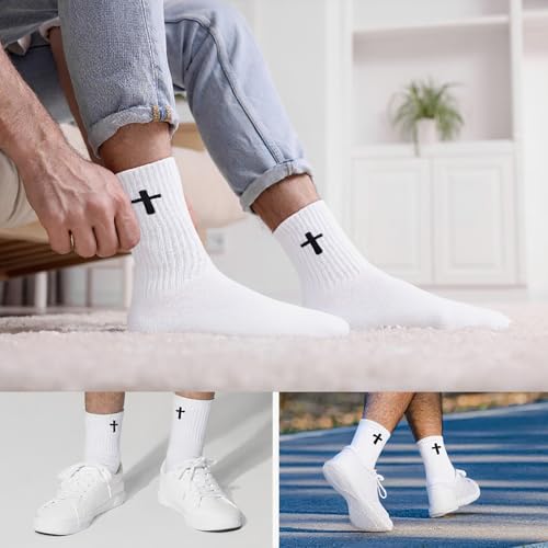 16 Pairs Christian Cross Socks Bulk Religious Elastic Crew Socks Christian Gifts for Men Women - color: White