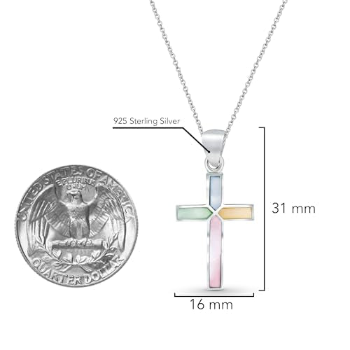 AeraVida Iridescent Cross of Faith Stone and Shell .925 Sterling Silver Necklace, 18 inch