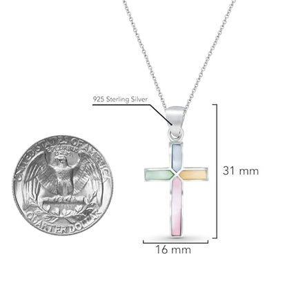 AeraVida Iridescent Cross of Faith Stone and Shell .925 Sterling Silver Necklace, 18 inch