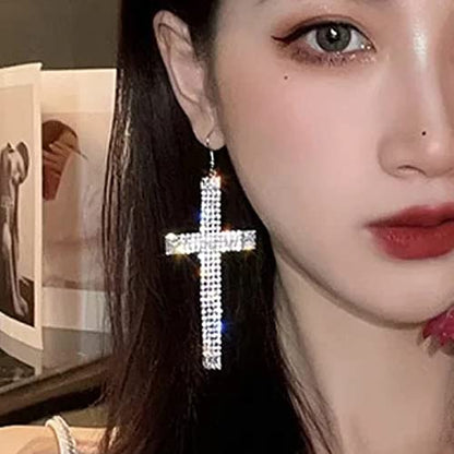 Wekicici Rhinestone Cross Drop Earrings - Fashion Tassel Hoop Earrings with Crystal Cross Design - Accessories for Women