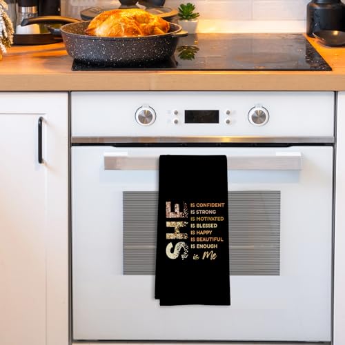 Black Gold She is Me Kitchen Towels, Inspirational Gifts for Women, Postive Affirmations Golden Dish Tea Towels for Kitchen, Inspirational Self Care Hand Towels for Girls Bathroom, 16x24 Inch - color: She