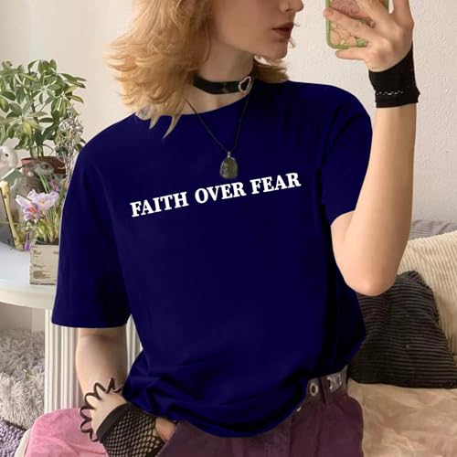 BANGELY Faith Over Fear Shirt Women Graphic Shirts Oversized Workout Gym Christian Religious Tees Drop Shoulder Tee Tops - color: A-blue, size: Medium