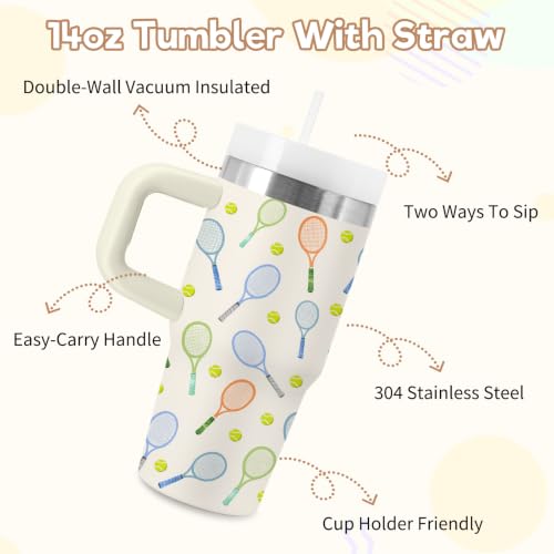 Tennis Kids 14 oz Tumbler with Handle and Straw, Stainless Steel Insulated Cup, BPA Free Tumblers Birthday Gift for Tennis Lover, Boys and Girls, Outdoor Sports, Travel - color: Tennis1