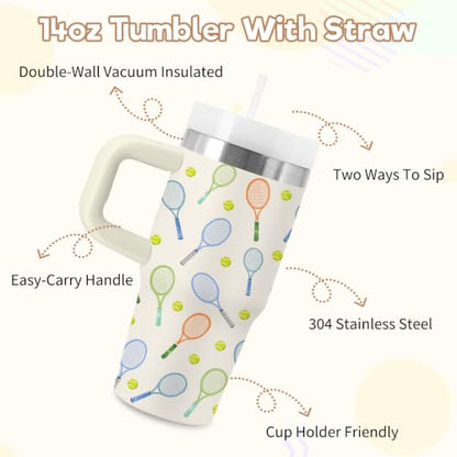 Tennis Kids 14 oz Tumbler with Handle and Straw, Stainless Steel Insulated Cup, BPA Free Tumblers Birthday Gift for Tennis Lover, Boys and Girls, Outdoor Sports, Travel - color: Tennis1