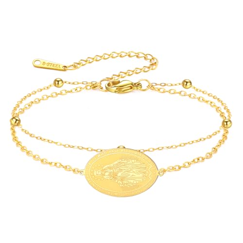 TEAMER Dainty Virgin Mary Rosary Bracelet Mother Mary Double Layer Beads Chain Bracelet Religious Faith Protection Jewelry For Women Men - color: Gold