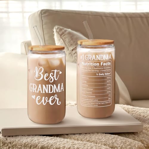 SANDJEST Grandma 16 Oz Can Glass Tumbler with Bamboo Lid and Straw - Iced Coffee Cups for Women, Aesthetic Glass Cup Gift for Grandmother Nana Birthday Christmas Mother's Day - color: Grandma
