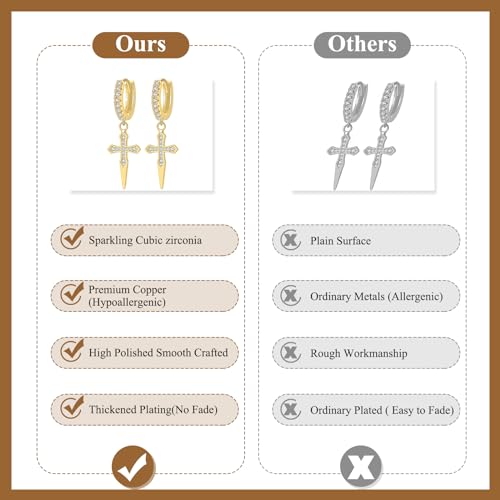 Cupimatch 3-6 Pairs Stainless Steel Cross Dangle Huggie Hinged Hoop Earrings for Men Women (1 Pair Silver Cross) for Mother's Day - color: gold-3pack