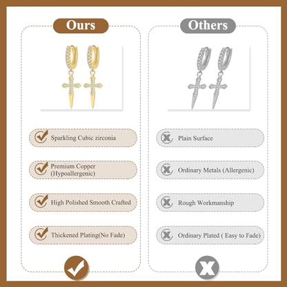 Cupimatch 3-6 Pairs Stainless Steel Cross Dangle Huggie Hinged Hoop Earrings for Men Women (1 Pair Silver Cross) for Mother's Day - color: gold-3pack