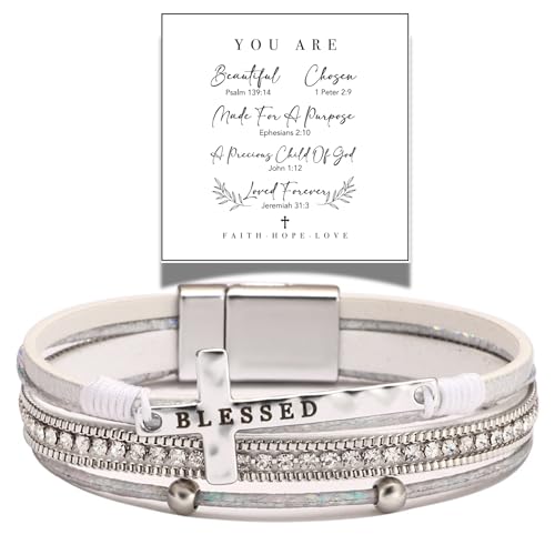 LINGYUAN Cross Bracelet for Women, Leather Religious Christian Jewelry - color: White