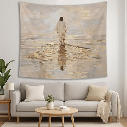 bitCNY Jesus Walking on Water Golden Glow Tapestry – Christian Wall Hanging with Divine Light, Faith-Inspired Religious Home Decor, 50x60 Inch - color: white-Water Golden Glow
