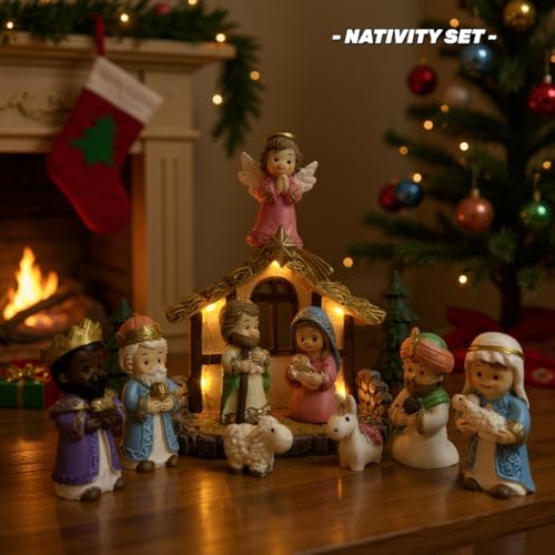 Nativity Set with LED Lights - 12Pcs Nativity Story Set with Little Figures