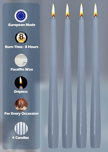 Hyoola Tall Taper Candles - 10 Inch Grey Blue Unscented Dripless Taper Candles - 8 Hour Burn Time - 4 Pack - color: Grey Blue, size: 10 Inch